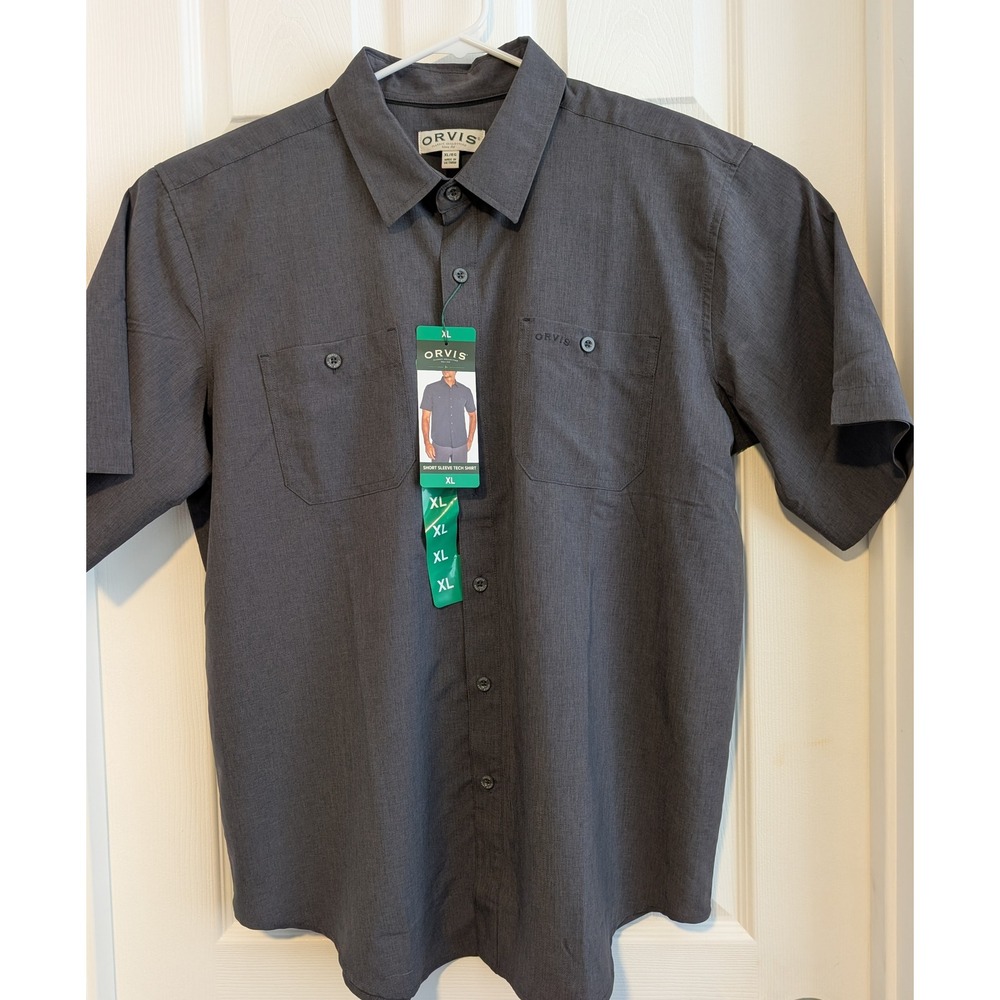 NWT Orvis Mens XL Short Sleeve Tech Shirt Gray Charcoal Button Down VERY NICE!